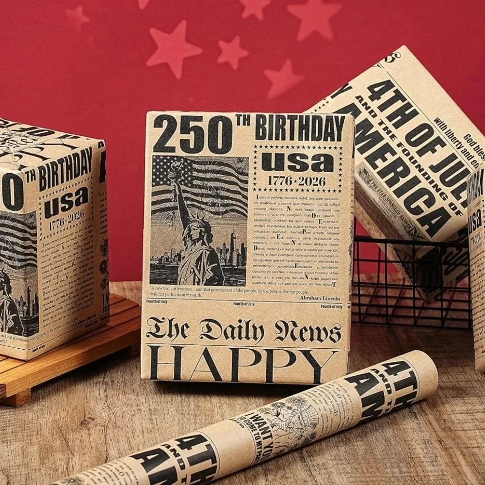 USA 250th Birthday Vintage Newspaper Kraft Wrapping‎ Paper 17in Patriotic Roll